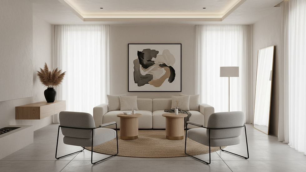 Eye-level view of a modern living room with minimalist furniture and natural light