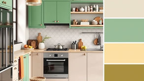 Modern kitchen with a refreshing palette of soft greens, warm yellows, and neutral tones
