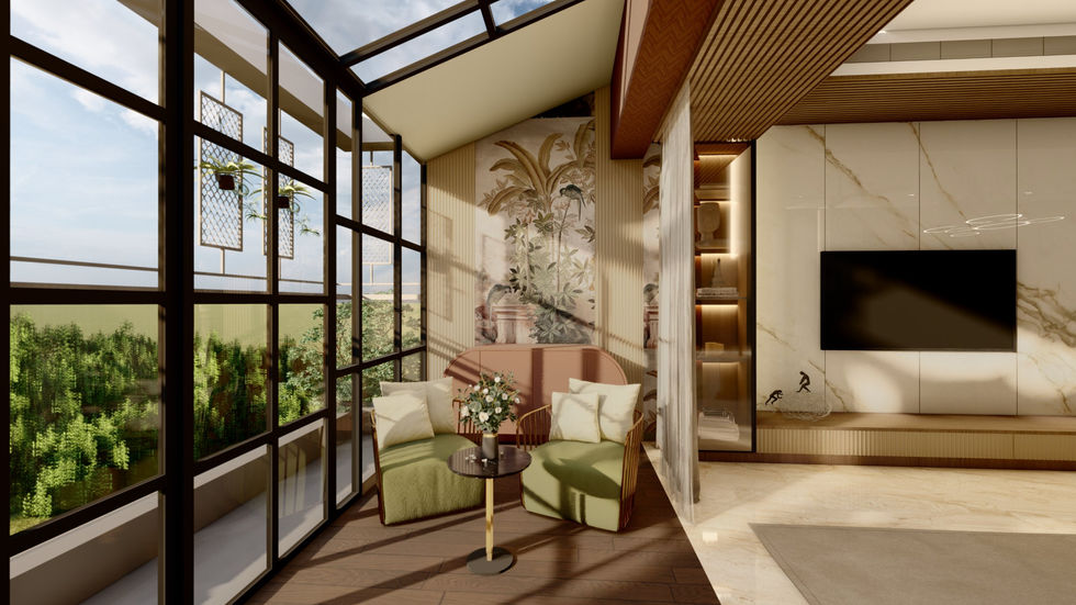 Glass-enclosed Balcony Sunroom with Slatted Wooden Ceiling in Baner Pune | Verb Interior
