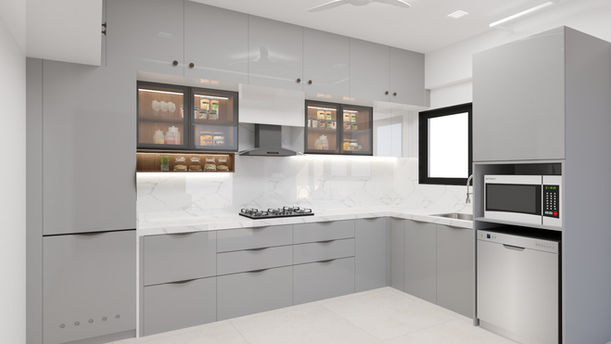 Sleek Grey L-shaped Modular Kitchen with Anti-fingerprint Cabinets in Balewadi Pune | Verb Interior