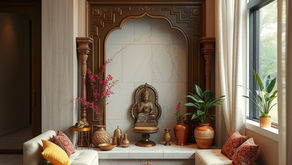 A Pooja corner featuring an exquisite idol, lively plants, and traditional decorations for prayer and meditation.