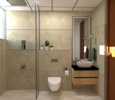 Seamless Sand-Tiled Bathroom with Floating Wood Vanity in Viman Nagar Pune | Verb Interior