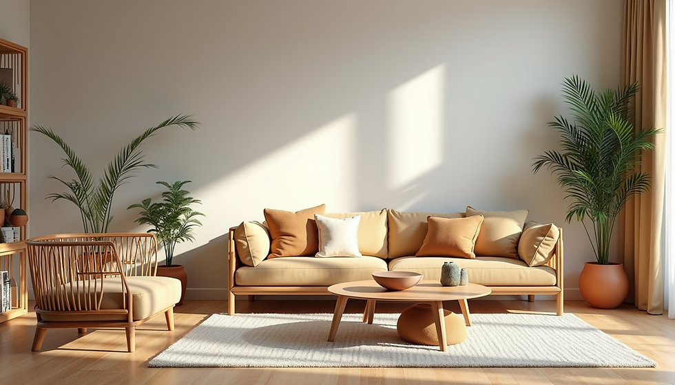 Bamboo furniture and terracotta accents in a modern urban living room