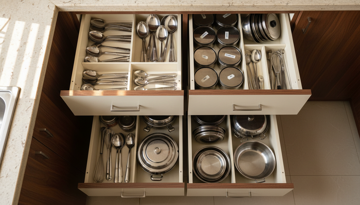 Top-down view of organised kitchen drawers in a two-tone compact kitchen