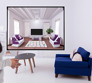 home interior 3d views on a screen presented by indian female person