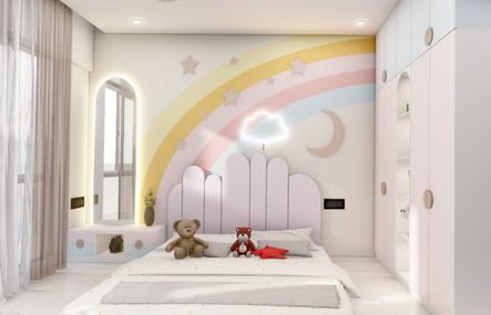 Creative Kids Bedroom with Pastel Rainbow Wall Mural in Viman Nagar Pune | Verb Interior