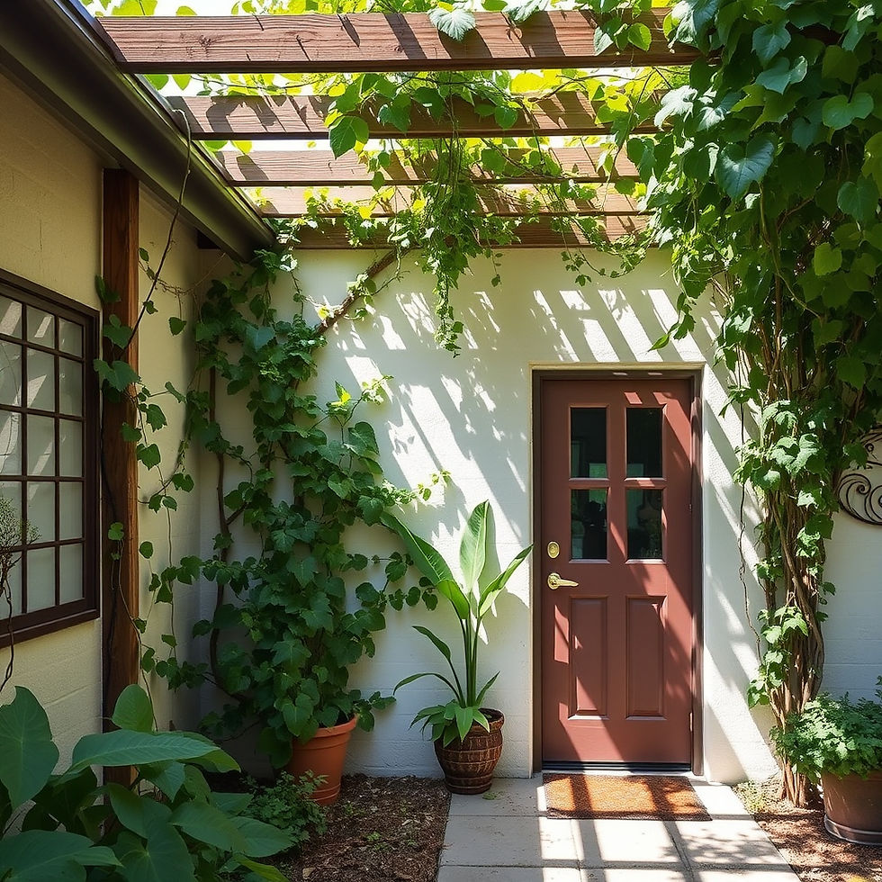 Sunlit patio with a wooden trellis overhead, green plants climbing white walls, red door, and potted plants creating a serene, natural vibe.