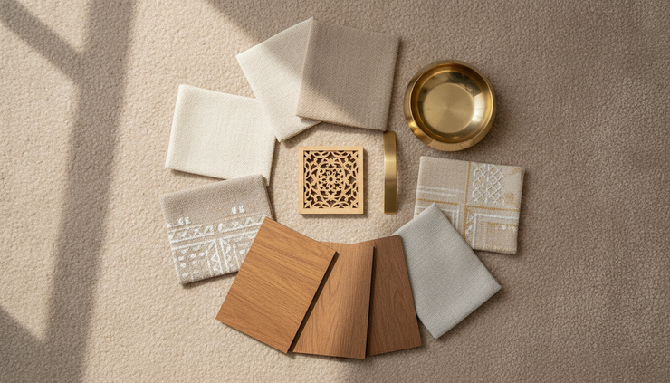 Overhead view of brass decor and wood samples placed beside a jaali panel