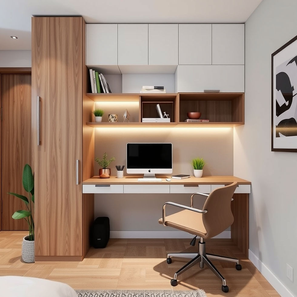 Modern home office with a wooden desk, swivel chair, and computer. Shelves hold books and plants. Warm lighting and minimal decor.