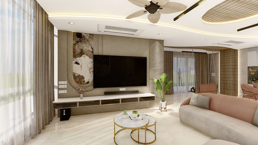 Contemporary Living Room with Concrete TV Wall and Nested Coffee Tables in Viman Nagar Pune | Verb Interior