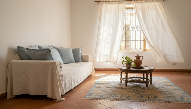 Wide-angle view of a sunlit Indian living room with pale walls and cotton curtains.