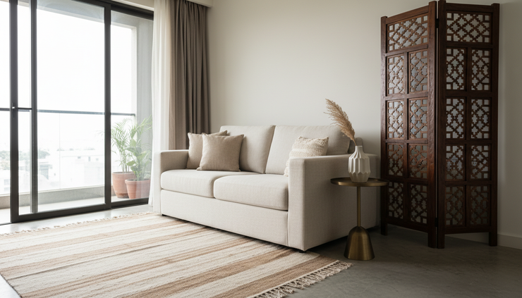 Eye-level view of a movable wooden jaali screen beside a sofa in a compact apartment