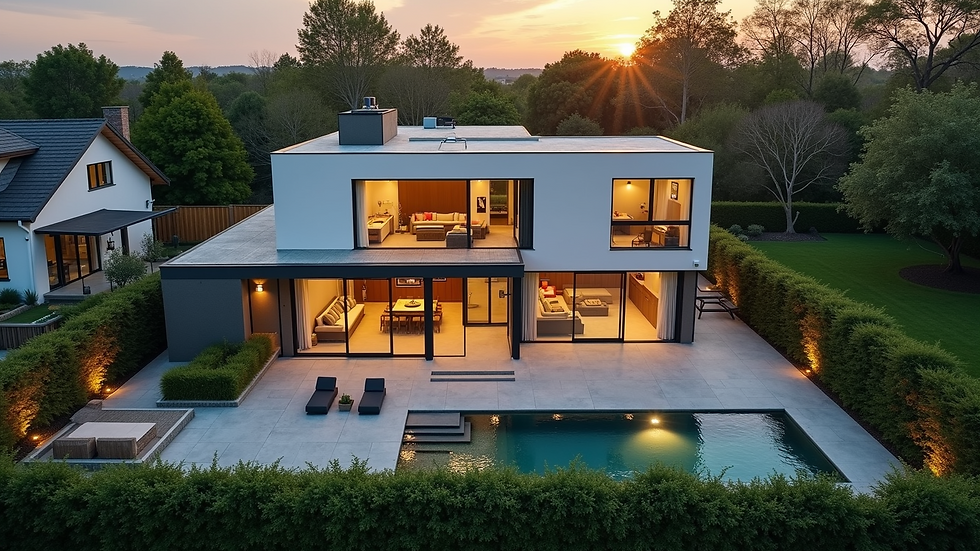 Aerial view of a modern residential property with a spacious yard