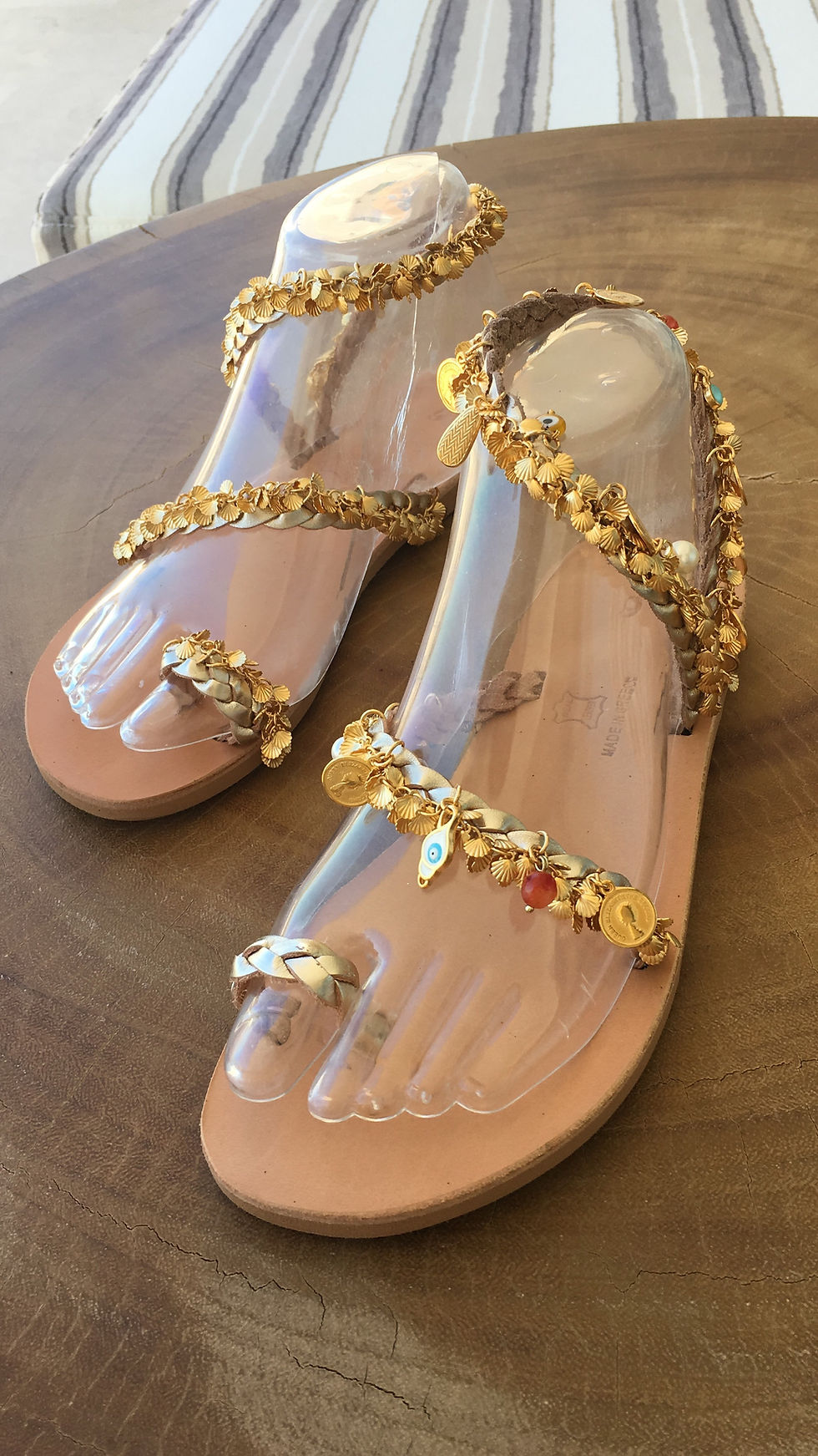 Thumbnail: Jeweled gold leather sandals with crystals, precious stones and charms "NAFSIKA"