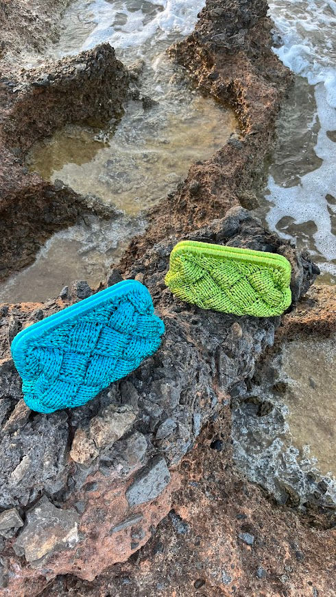 Thumbnail: AMALTHEIA- Metallic Blue Crochet Clutch Bag