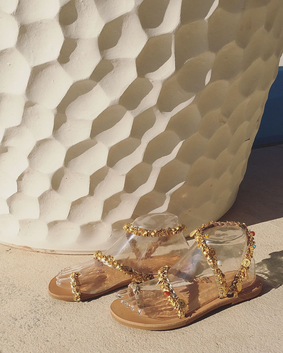 Thumbnail: Jeweled gold leather sandals with crystals, precious stones and charms "NAFSIKA"