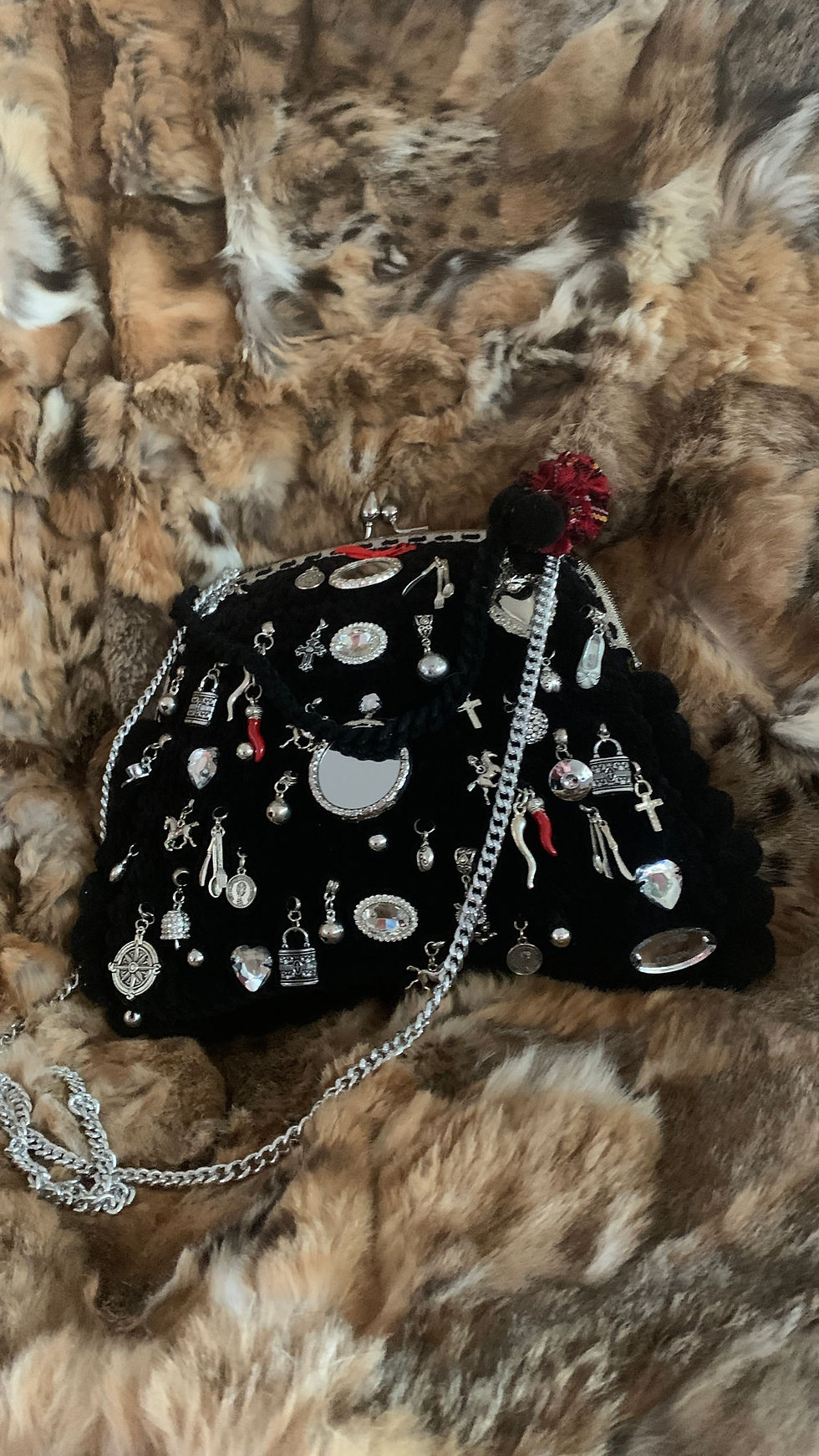 Thumbnail: Black Crochet Handwoven mini Clutch with charms "Fiesta"