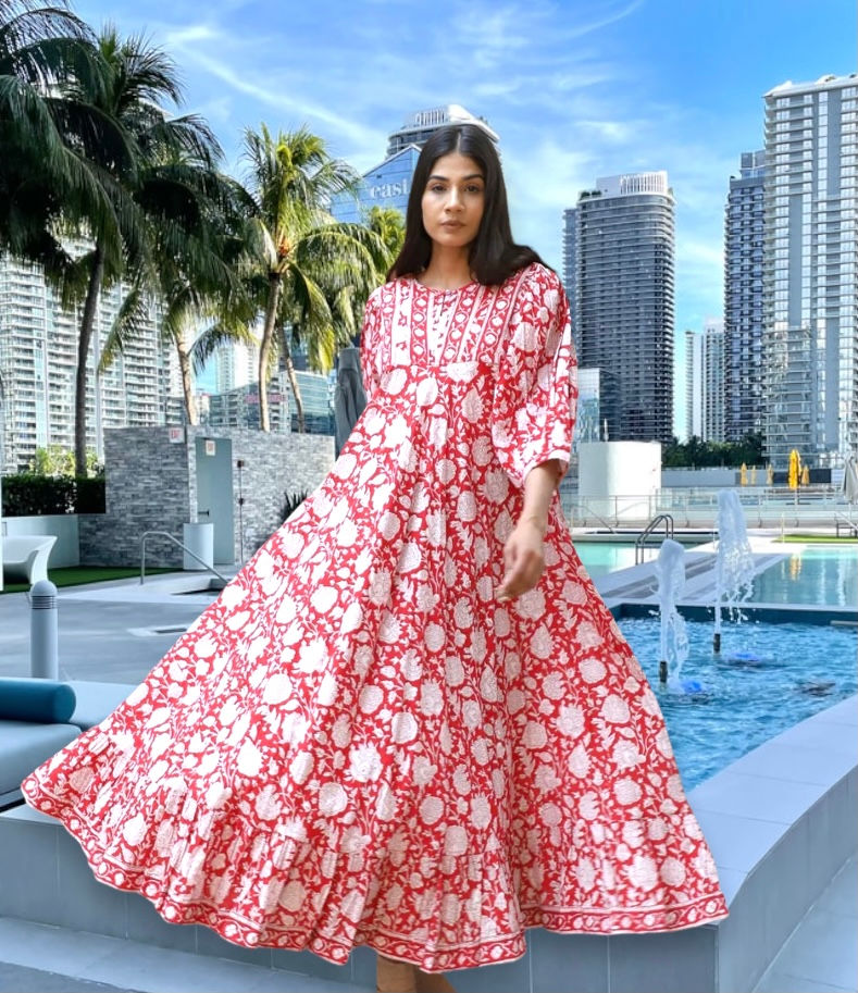 Thumbnail: Red hand patterned Ruffled Long Kaftan Dress