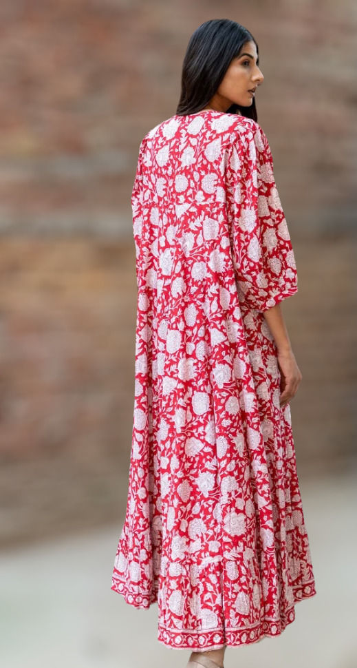 Thumbnail: Red hand patterned Ruffled Long Kaftan Dress
