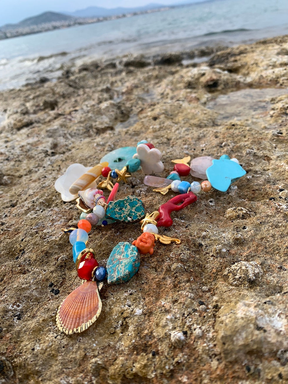 Miniatura: Stretch bracelet with Turquoise and real shells  - "Ocean Breeze"