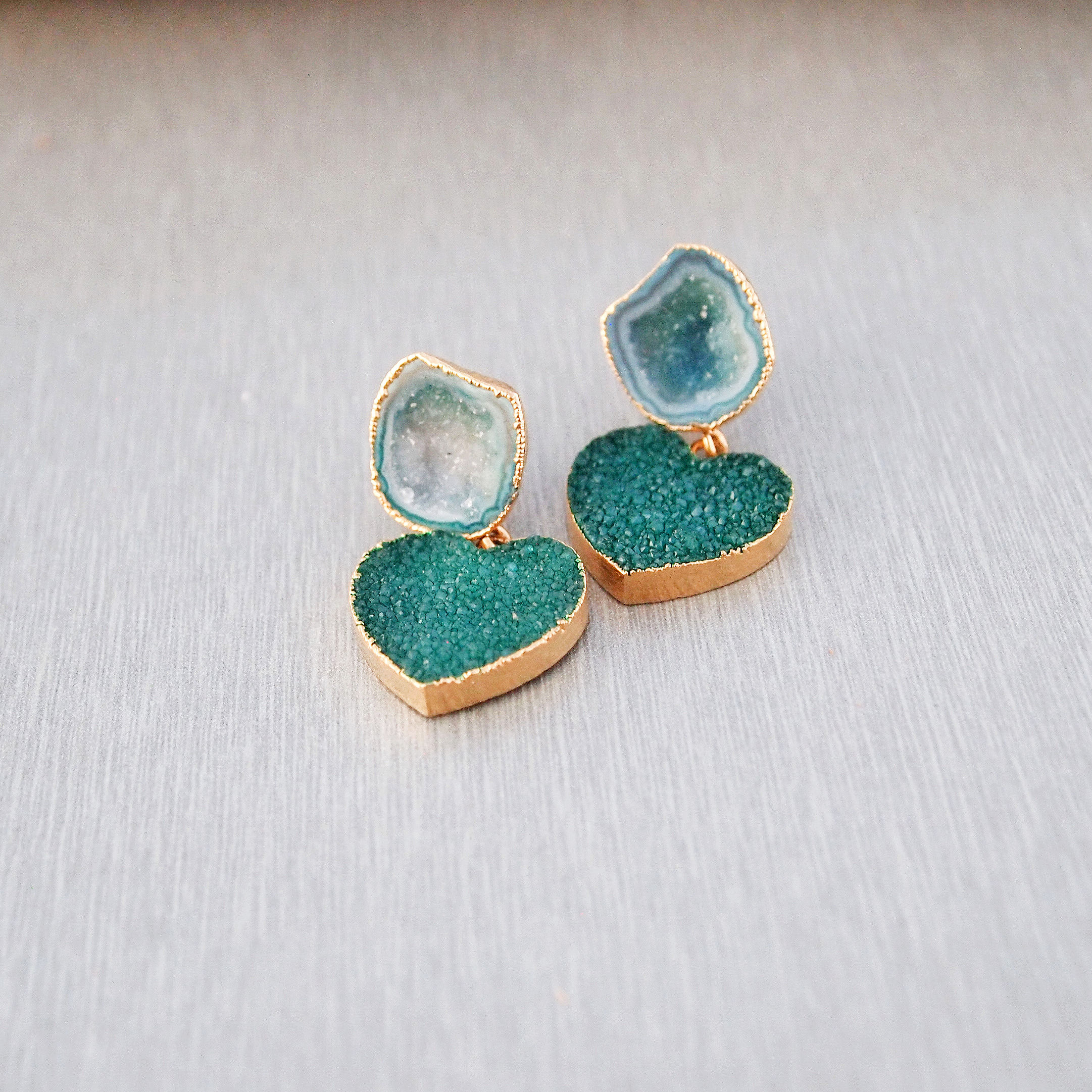 Green Rough Agate Geode Heart Statement Earrings - "Heart of Stone"