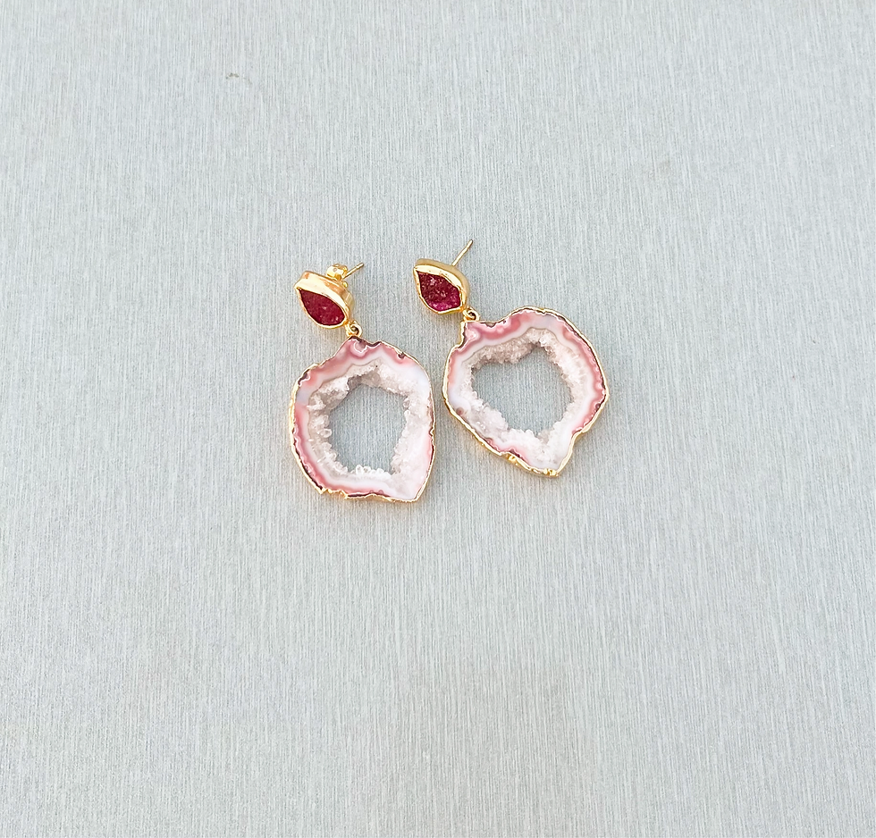 Miniature : Gold Drop Earrings in Salmon Pink Agate Geode