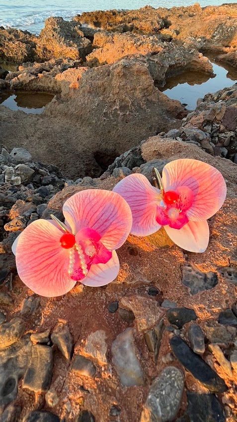 Thumbnail: "CALANTHE" Pink - Gold Drop Hoop Orchid Earrings