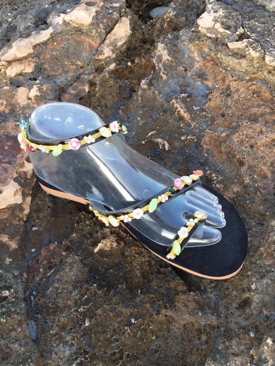 Miniatura: Jeweled Leather sandals with flower semi precious stones- "Penelope"