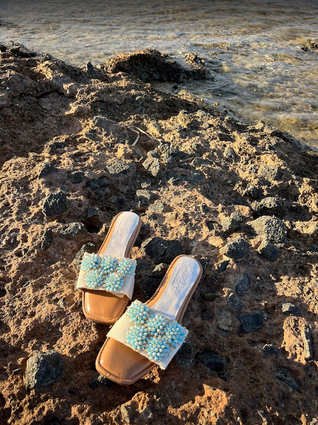 Thumbnail: AZURE - Eco Leather Sandals Jeweled With Turquoise Shaped Flowers