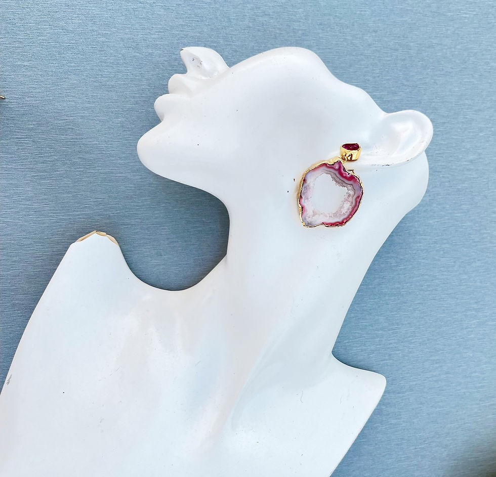 Miniature : Gold Drop Earrings in Salmon Pink Agate Geode
