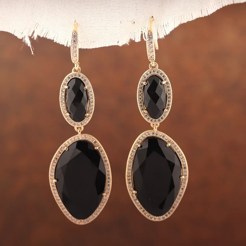 Thumbnail: Gold Drop Earings in Black Onyx Pave -"Black Swan"