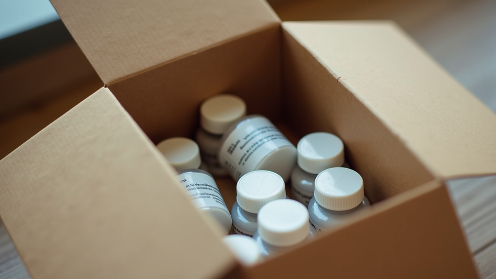 Close-up view of a delivery package with medicine bottles inside