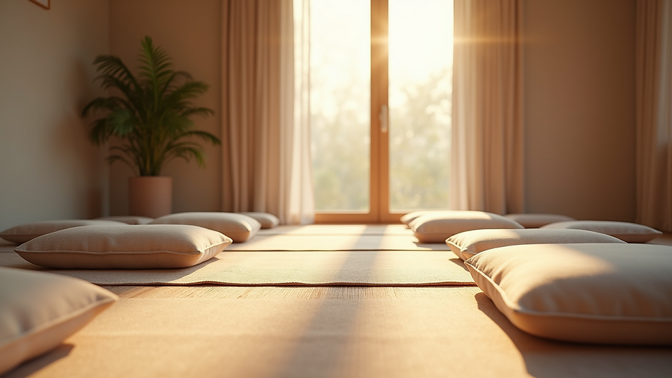 Eye-level view of a cozy meditation room with cushions and soft natural light