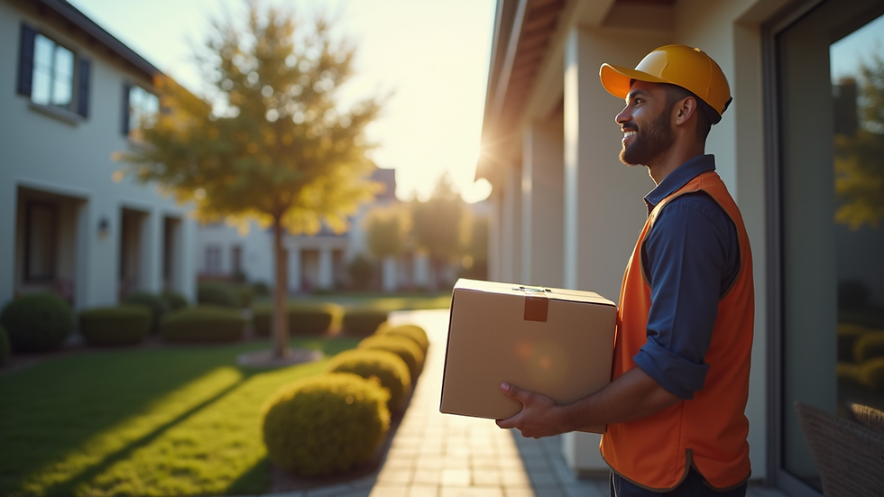 Eye-level view of a delivery person holding a package outside a customer's home