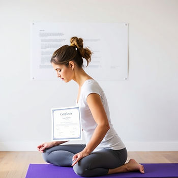 Yoga teacher proudly displays her YTT certification while practicing mindfulness on a yoga mat.