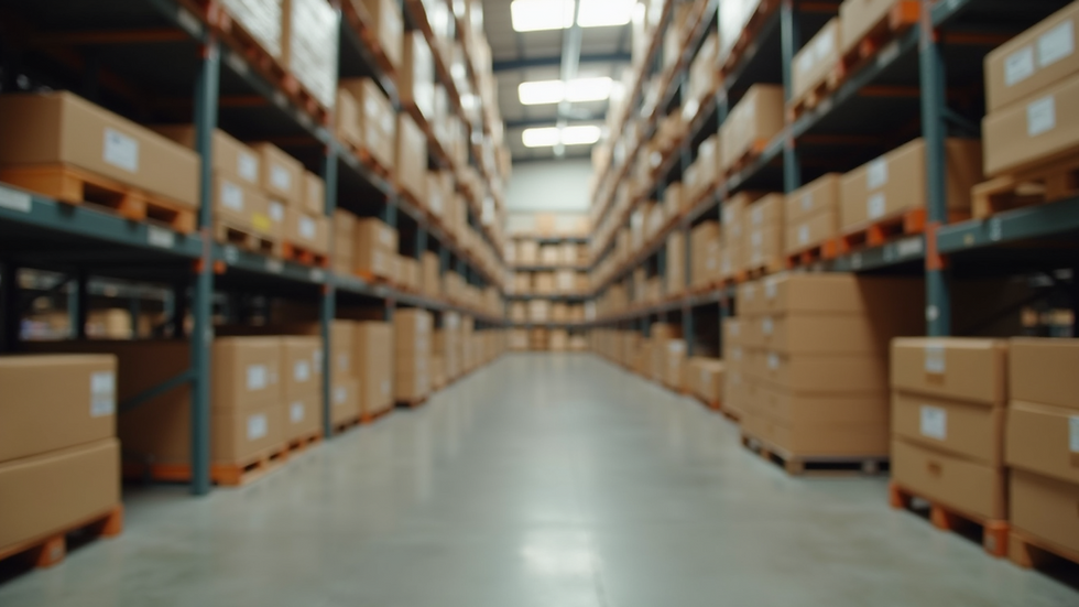 Eye-level view of a warehouse with neatly stacked herbal product boxes