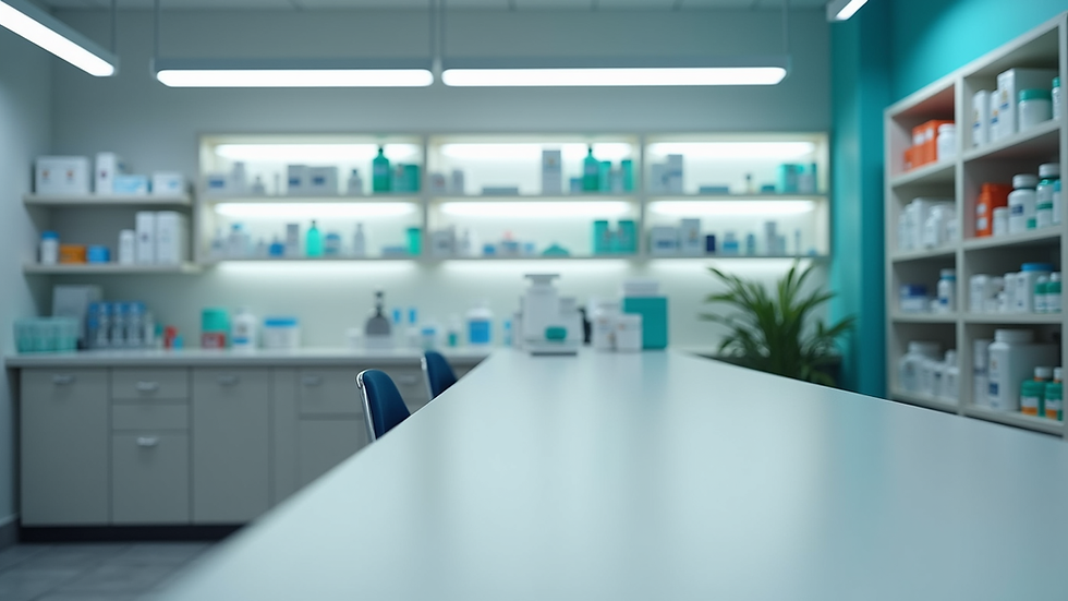 Eye-level view of a modern pharmacy counter with medication shelves