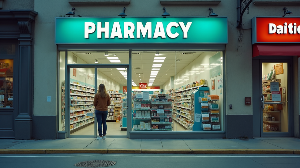 Eye-level view of a pharmacy storefront with clear signage