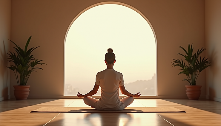 Eye-level view of a serene meditation space with a single practitioner seated in Kriya Yoga posture