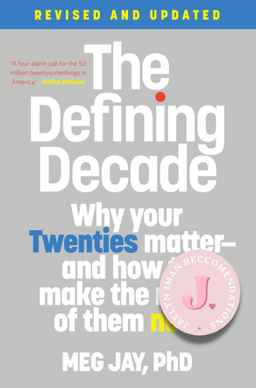 Book cover for The Defining Decade: Why Your Twenties Matter--And How to Make the Most of Them Now which showcases the title against a grey background. The authors name is at the bottom in big letters.