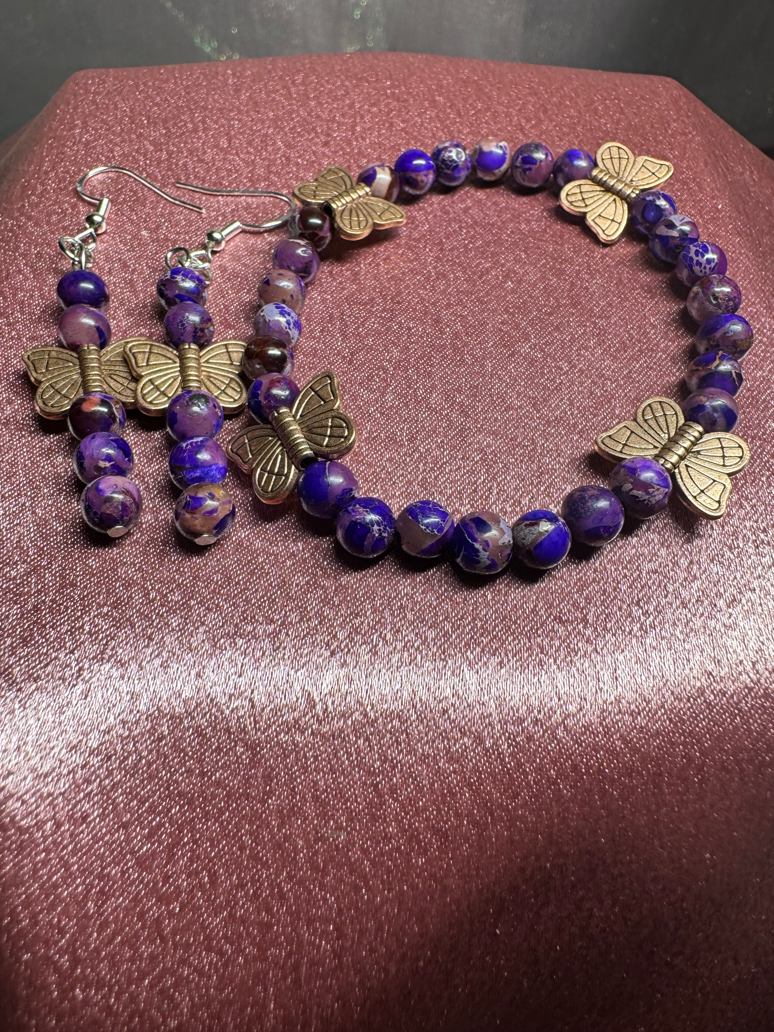 Imperial Jasper (dyed) with Copper Butterflies Bracelet and Earrings SET