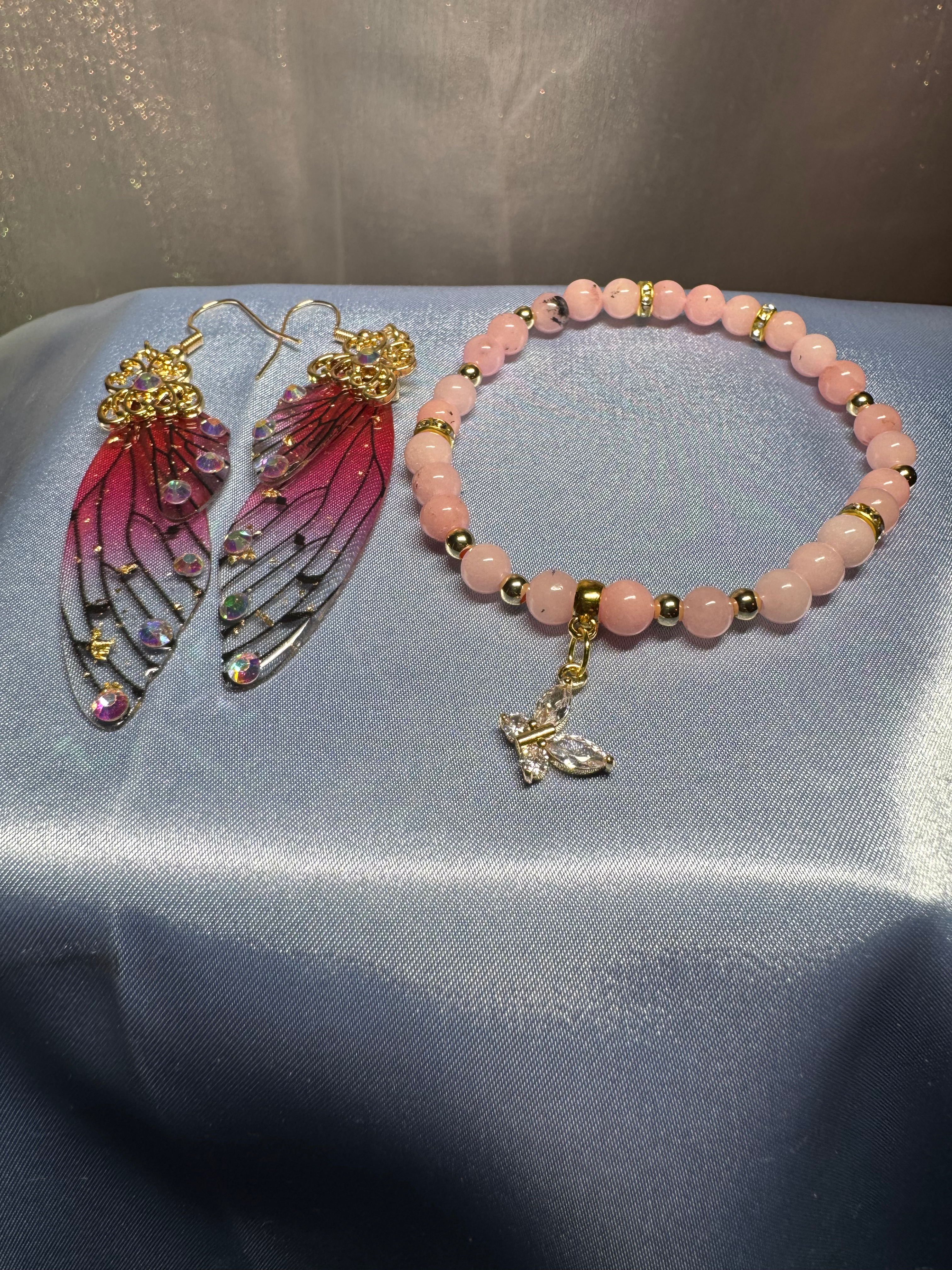 Pink Opal Bracelet and Butterfly Wings Earrings Set