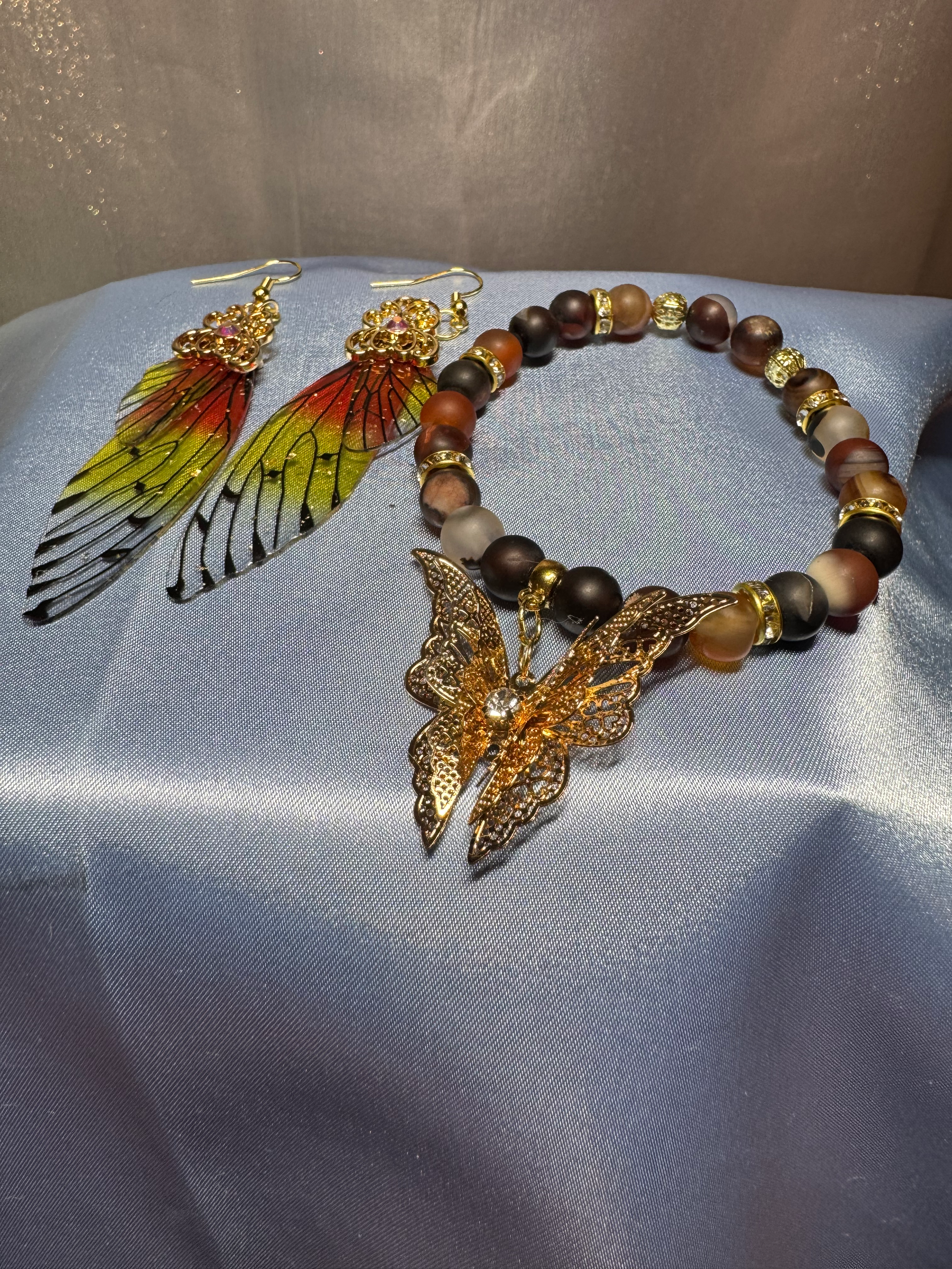 Dragon Agate Bracelet and Butterfly Wings Set