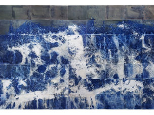 Abstract painting with vibrant blue and white splashes resembling waves. Darker muted tones on top. Energetic and dynamic mood.