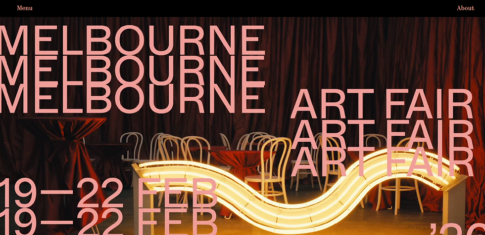 Pink text reads 'Melbourne Art Fair 19-22 Feb' over a dimly lit room with red drapes, chairs, and a glowing wavy light sculpture.