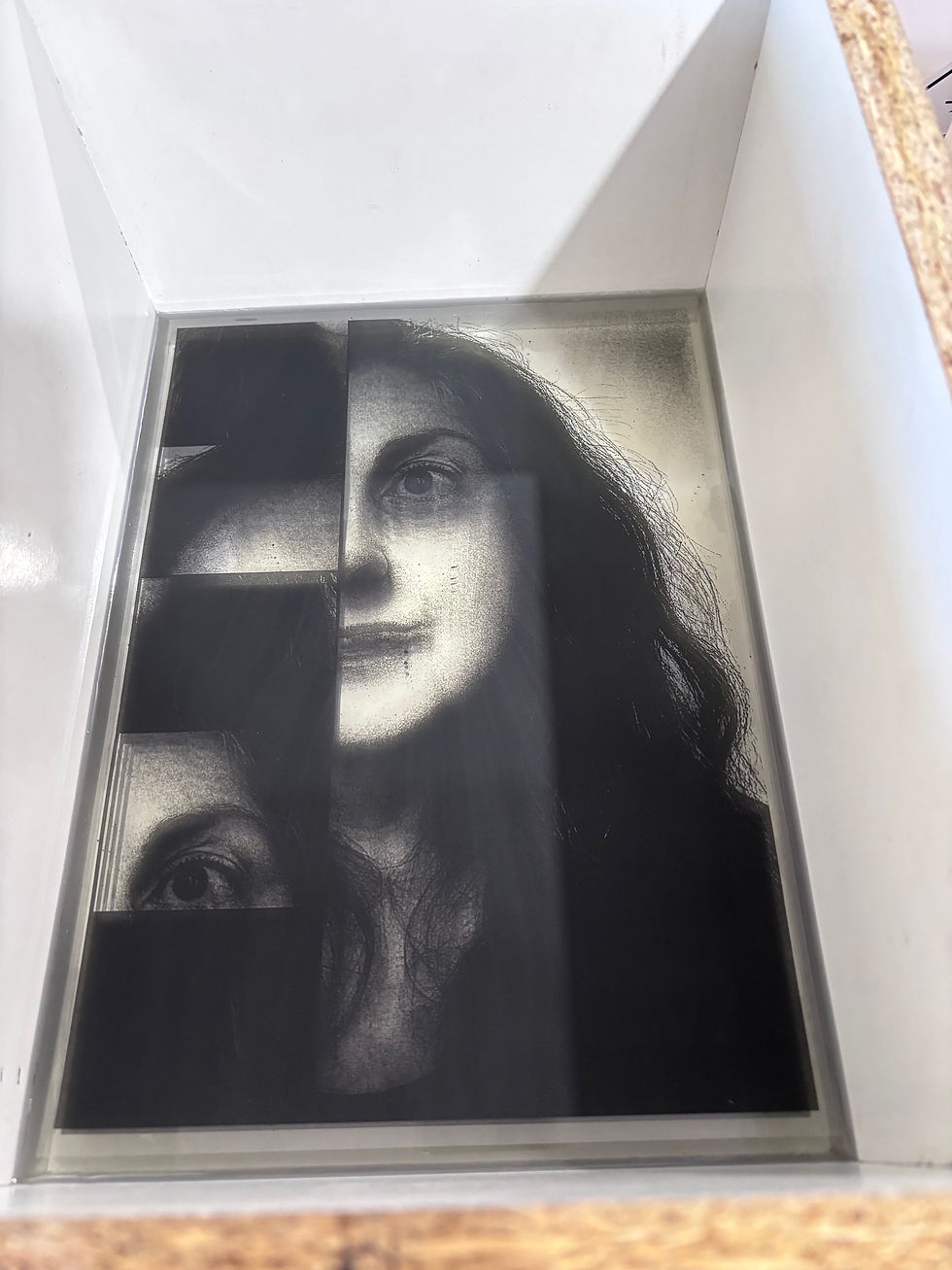 Open box with a black-and-white portrait of a woman’s face on the bottom, creating a mysterious look.