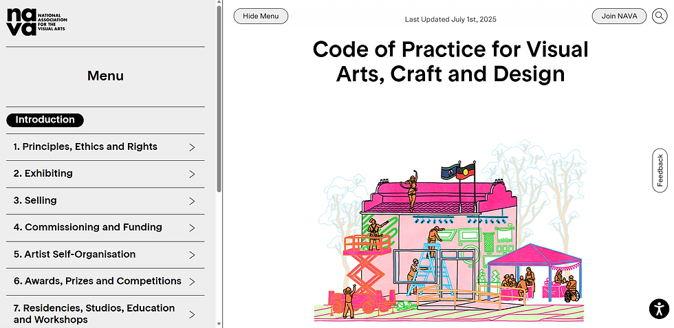 NAVA webpage with menu on left, vibrant illustration of people on a pink building, flags, trees, and tent on right. Text: Code of Practice.