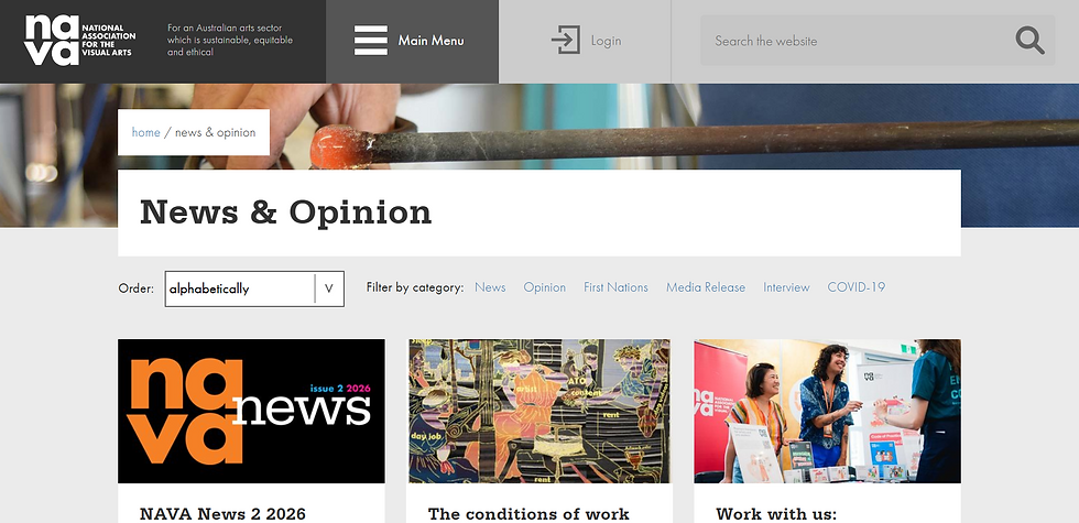 NAVA website page with "News & Opinion" header, a hand crafting glass in the background, and a menu with news categories.