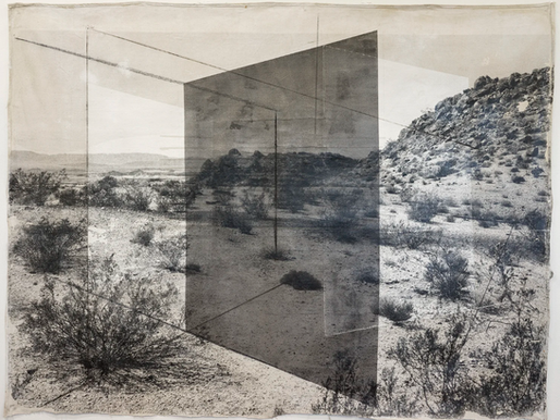 Abstract artwork features a mirrored cube in a monochrome desert landscape with brush and mountains, creating a surreal reflective effect.