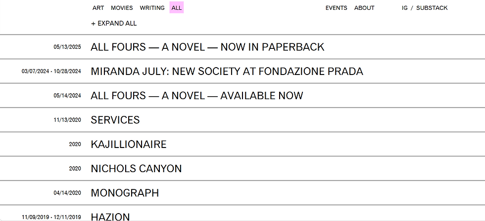 Minimal art website list view with menu tabs; ALL highlighted pink, showing posts like ALL FOURS and MIRANDA JULY in black text.